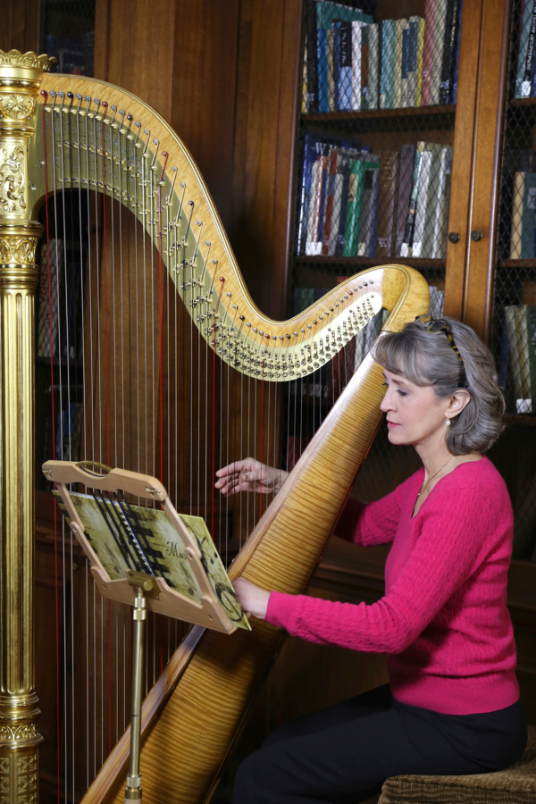 wedding placeholder Ann Lobotzke sits behind her harp reading music.