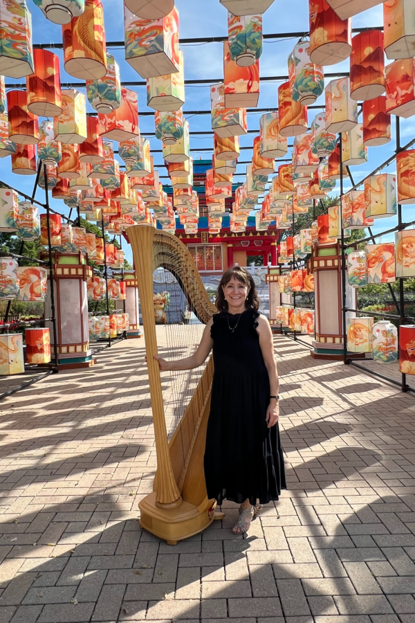 Ann with lanterns Ann Lobotzke stands in front of her harp under a canopy of chinese laterns.